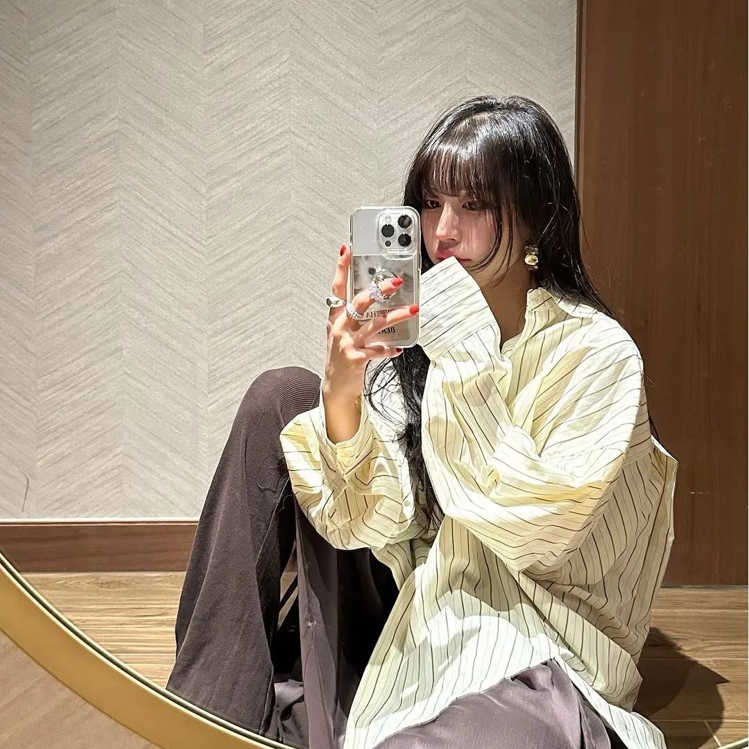Spring Autumn Long  Collar Striped Shirt Women's Fashionable Loose Top Versatile Classic Style for Young Women 18-25