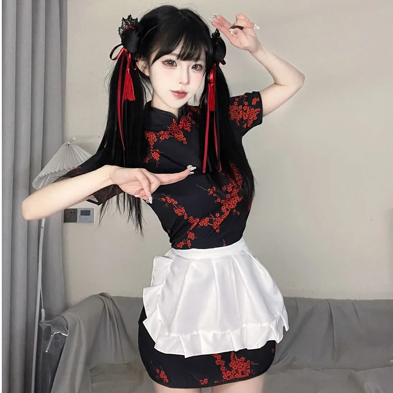 

Chinese Style Improved Cheongsam Dress Set With Maid Apron Cosplay Costume Floral Print Short Sleeve Black Red For Lolita Coser