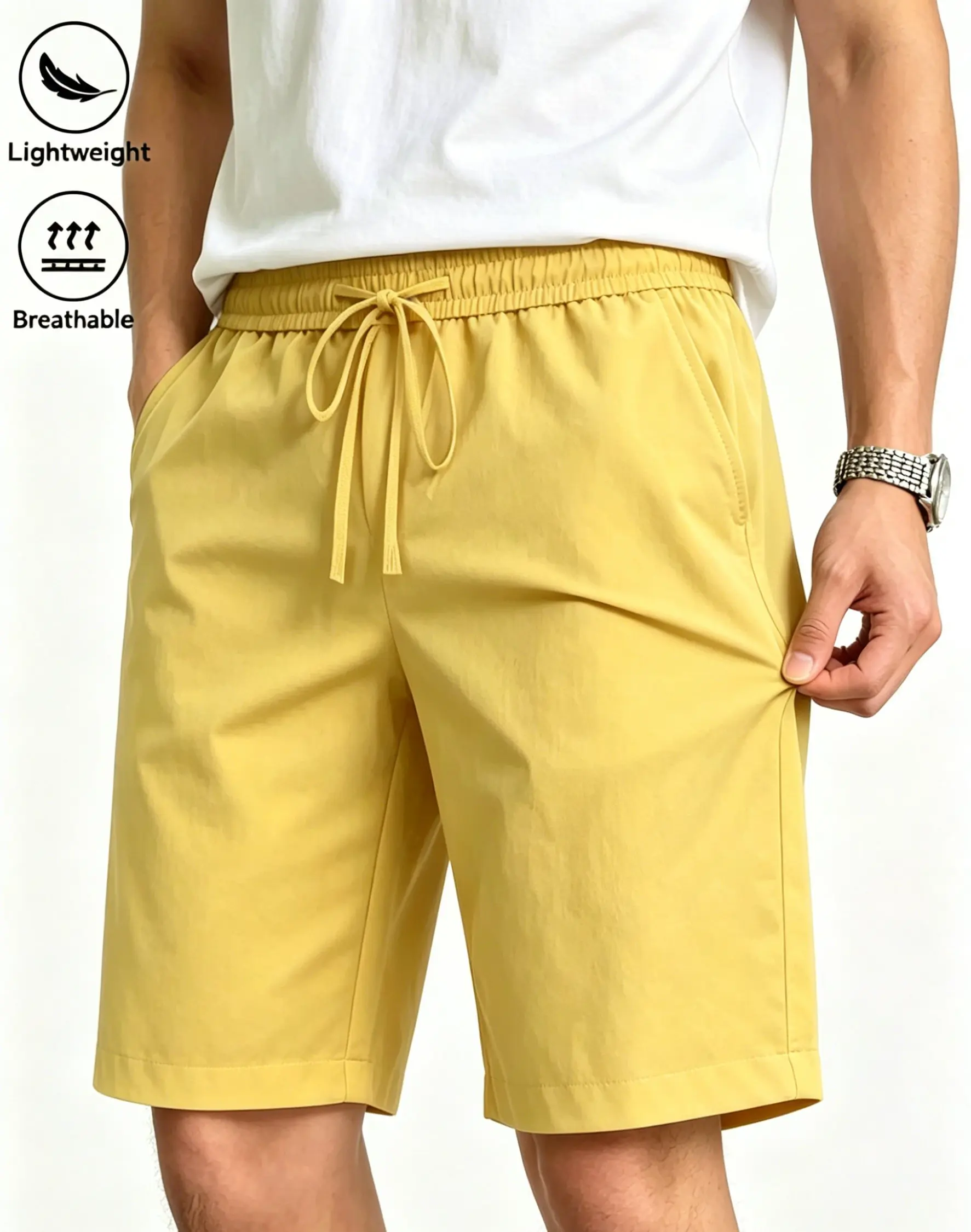 Leichte, atmungsaktive Herren-Shorts mit Kordelzug, schnelltrocknend, für Sport, Strand, Workout, Sommer, mit Taschen – Detail 5