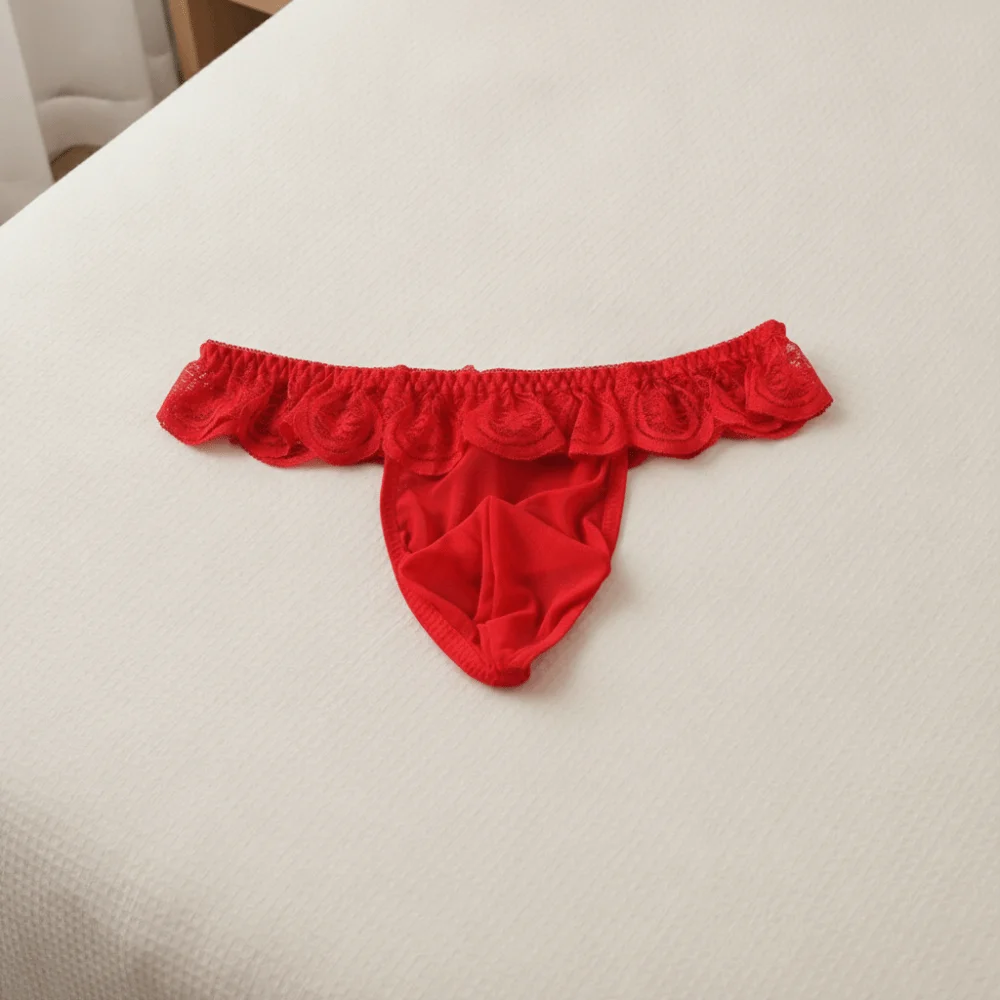 Underwear Low Waist Men's Lace Thongs Underpants Ruffle Belt Men's Mesh Lace Panties Thin Lingerie Male Briefs Summer