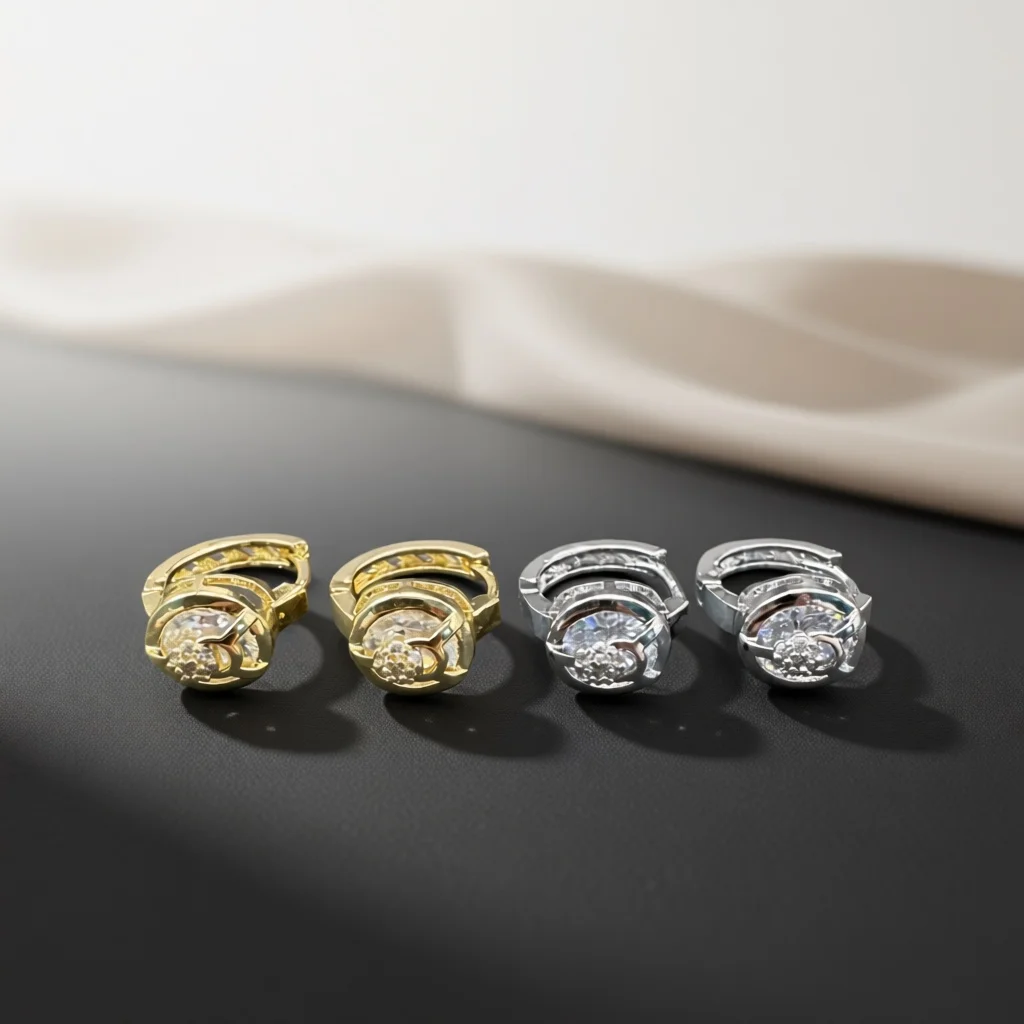 Planet Huggie Hoop Earrings Round Central Zircon Orbital Ring Accent Tiny Cluster Stones Hinged Closure Women Fashion Jewelry