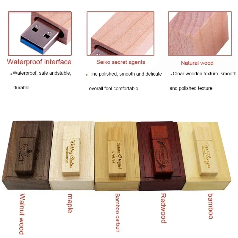 JASTER USB 3.0 Fotografie Kundenlogo Holz USB + Geschenkbox USB-Flash-Laufwerk Holz-Stick 8 GB 16 GB 32 GB 64 GB Hochzeitsgeschenke