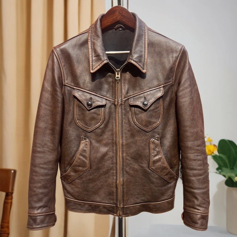 

Retro Waed Stone inding Top Layer Cowhide Genuine Leather Dehua Sle Mendoza Leather Jaet Faion Urban Casual Motorcy...