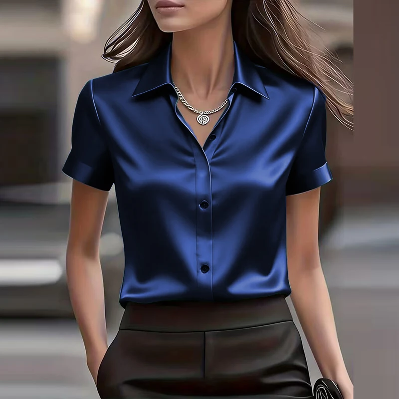 Sommer Kurzarm Satin-Hemd Damen Mode Umlegekragen Büro-Hemd Knopf-Blusen Damen Seiden-Tops Lockeres Hemd Weiß