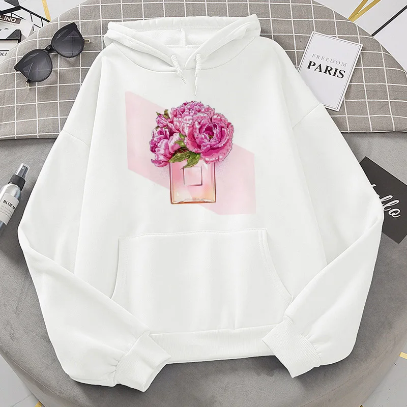 Flamingo perfume Print Women Hoodies Harajuku Hip Hop Loose Hooded Sweatshirt With Pocket Drawstring Casual Warm Lady Autumn Top