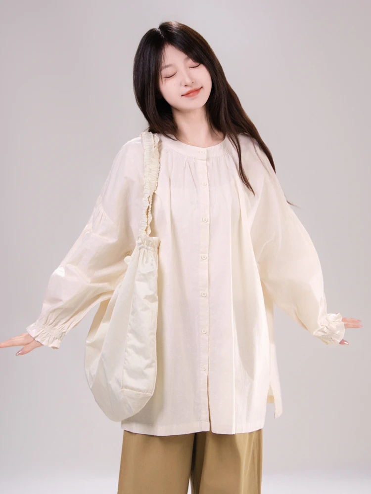Artistic Vintage Long Sleeve Midi Shirt Women's round Neck Khaki Cotton Casual Button up Shirt for Autumn Layering Top