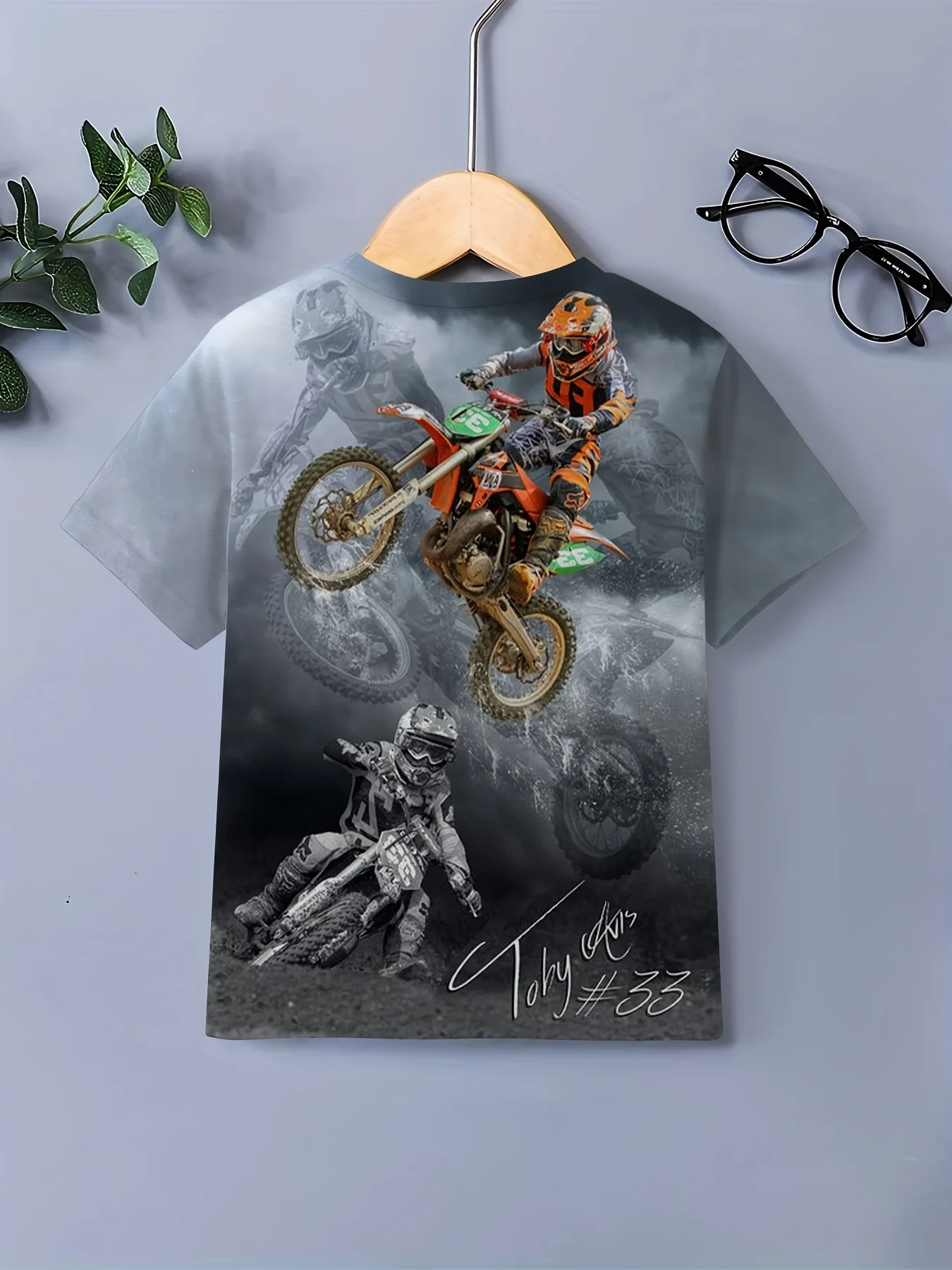 Cool Motorcycle Rider 3D Print Children's Round Neck T-shirt Top for Daily Outdoor Breathable and Comfortable Short Sleeves