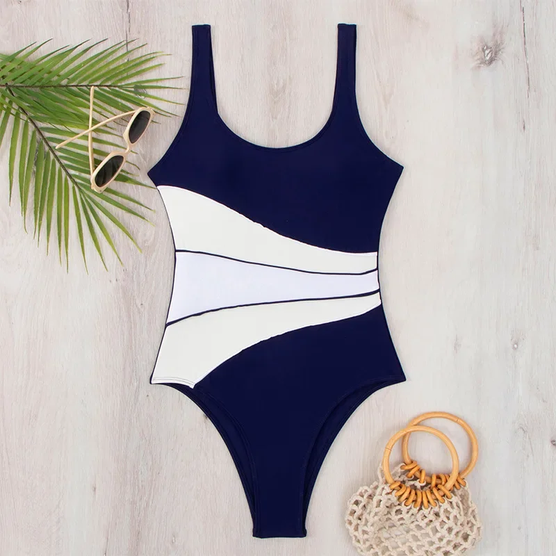 

New Fashion Vintage One Piece Swimsuit Women Padded Swimwear Splicing High Waisted Bathing Suit Scoop Neck Bodysuit Beach Wear