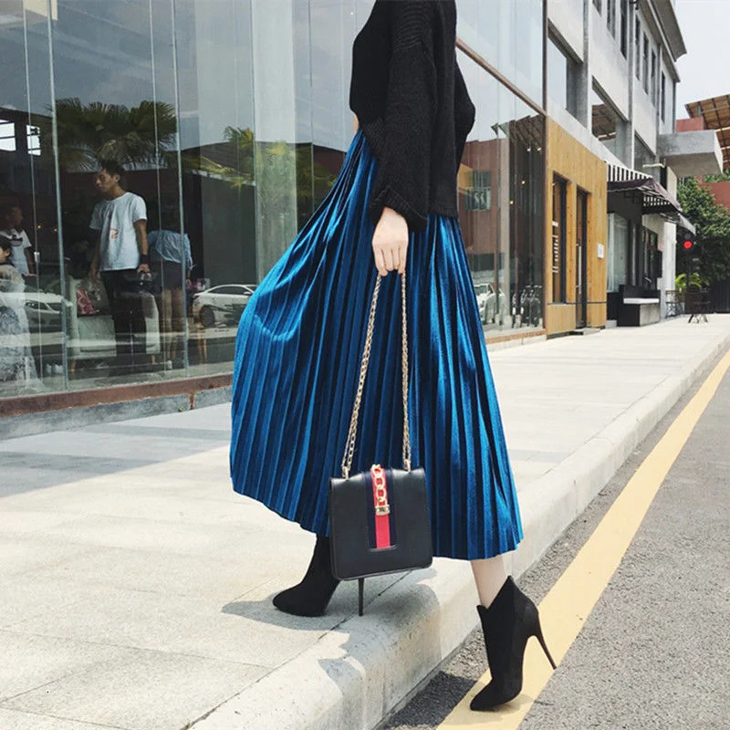 

2019 new Fashion Autumn Winter Pleated Skirt Womens Vintage High Waist Skirt Solid Long Skirts New Fashion Metallic Skirt Female