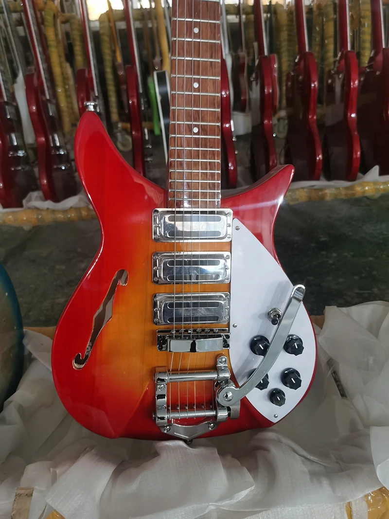 Rickenbacker  electric guitar, 6string guitar, 5 splice neck，Red and yellow electric guitar，vibrato system bridge, three-piece