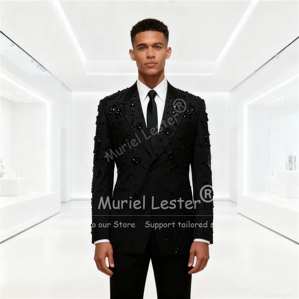

Luxury Beaded Stones Suits Men 2 Piece Set Double Breasted Jacket Pants Customized Groom Wedding Tuxedos Sliom Fit Ropa Hombre