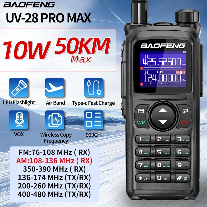 BAOFENG UV-28 PRO MAX Рация 10 Вт Многодиапазонная беспроводная копия 999CH DTMF Type-C AM FM NOAA Двусторонняя радиостанция дальнего действия