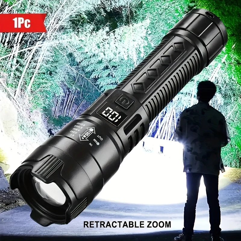 1pc LED Tactical Flashlight with Digital Display, Telescopic Zoom,USB Type-C Fast Charging,Outdoor Portable Emergency Flashlight