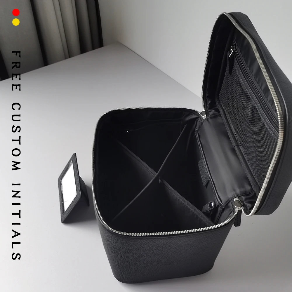 حقيبة مكياج كبيرة من جلد البقر بطبقة علوية، حقيبة أدوات زينة محمولة وعملية، حقيبة سفر من الجلد الأصلي، سعة تخزين كبيرة #2