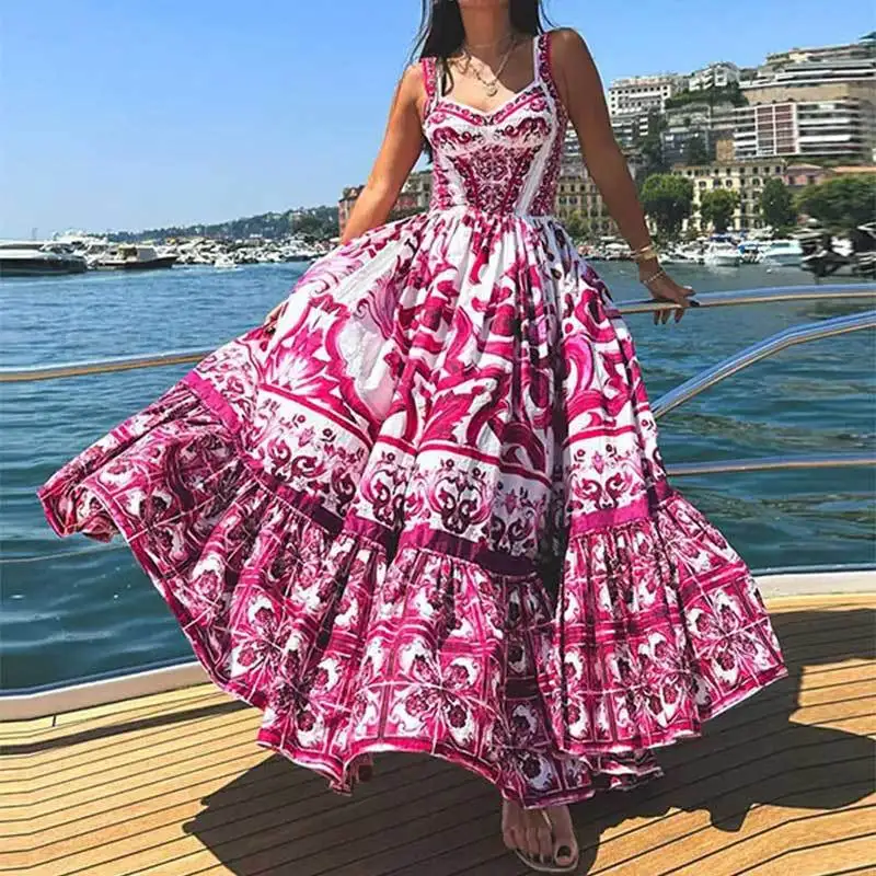 Primavera novo feminino boho elegante comprimento médio vestido suspensor estampado de estilo grande