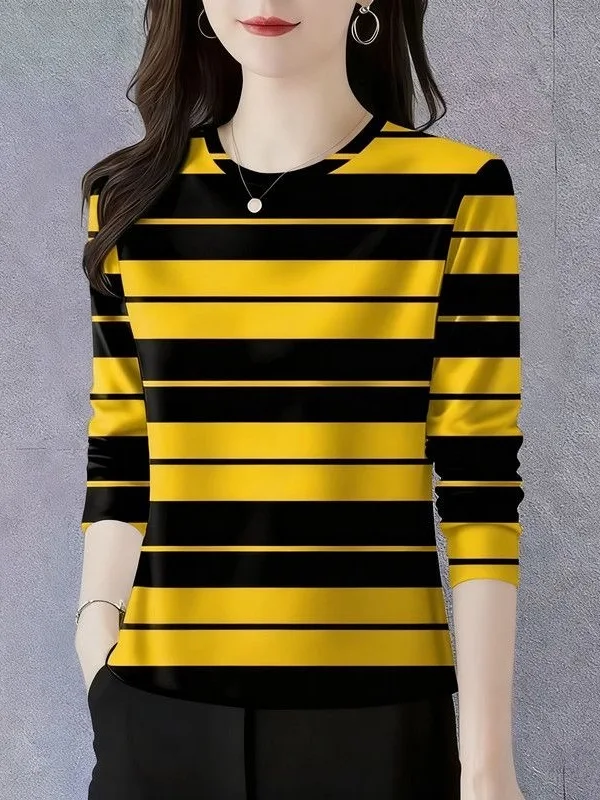 

Fashionable Striped Long Sleeve T-Shirt Women's Base Layer round Neck Top Slimming Mom Clothes Middle-Aged And Elderly Wear