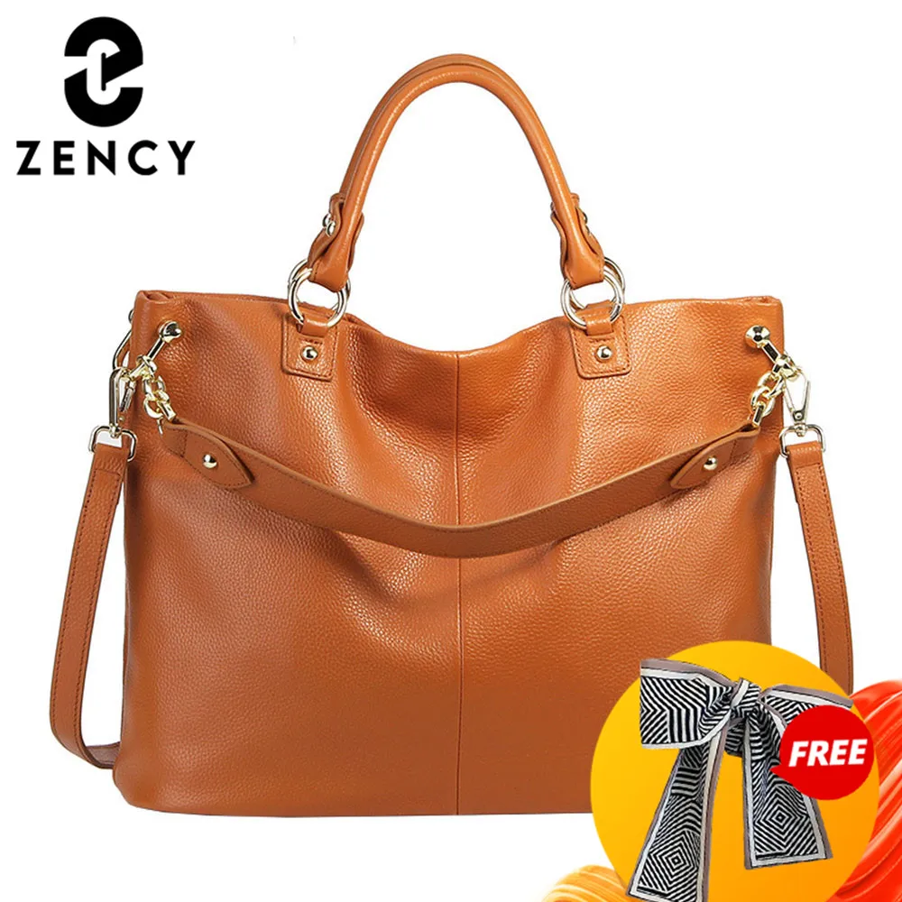 Zency 100% Genuine Leather Grey Handbag Brown Women Casual Tote Large Capacity Lady Crossbody Messenger Purse Black Hobos Bags