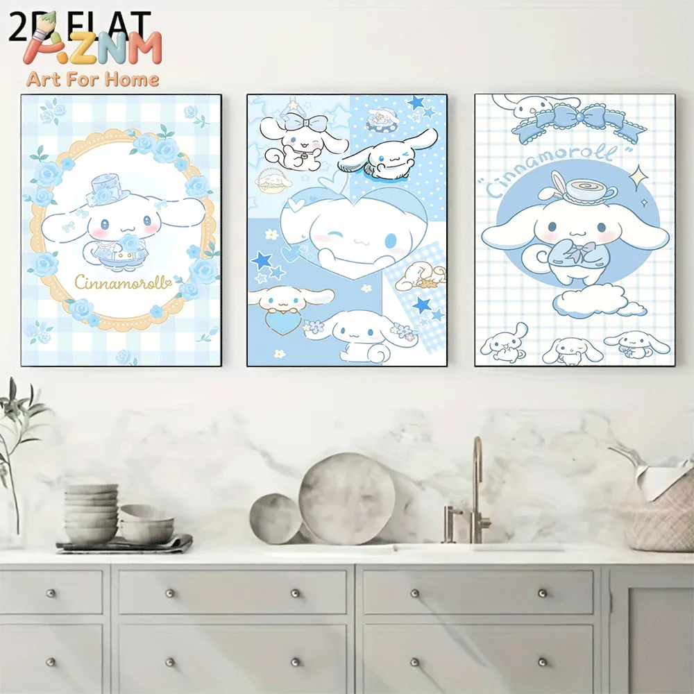 AZNM Cinnamoroll Canvas Wall Art Unframed Cute Cartoon Print Poster Blue Rose Bow Grid Plaid Heart Star Collage Design for Girls