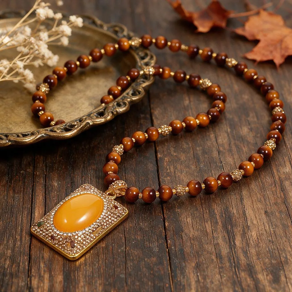 Vintage Court Style Handmade Beaded Second Generation Amber Pendant Long Sweater Necklace For Women Fall Winter Daily Party Wear