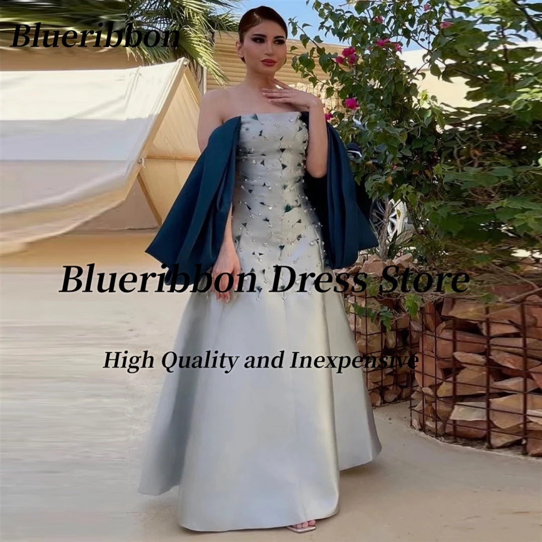 

Blueribbon Customized Satin Long Prom Dresses Handmade Diamond Feathers Bride Wear Wedding Party Gowns Zipper Back Evening Dress