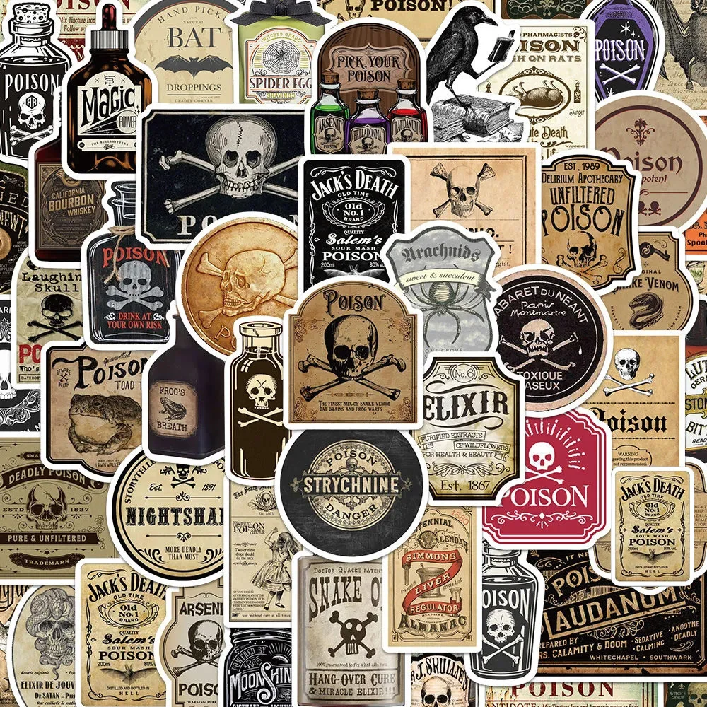 10/30/50pcs Retro Horror Skull Potion Label Cartoon Stickers Gothic Style Decals DIY Notebook Laptop Halloween Graffiti Sticker