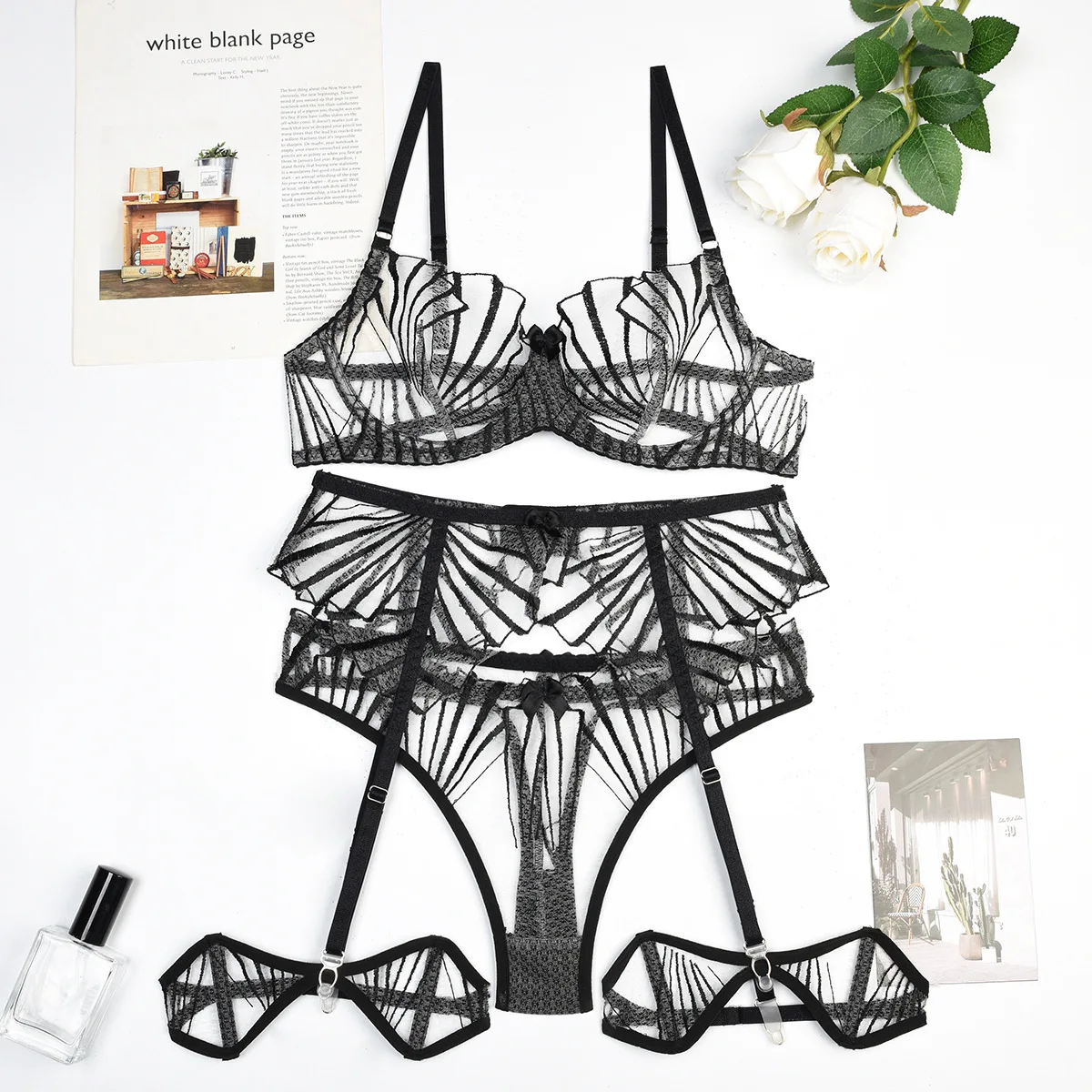 4-częściowy zestaw bielizny OnlyFans Przezroczysta bielizna - Egzotyczny zestaw fantazji na erotyczną bieliznę nocną