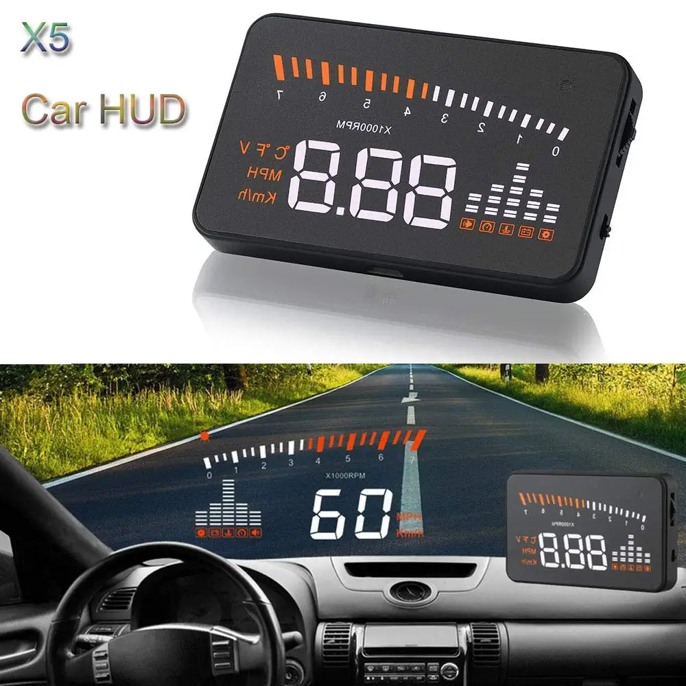 X5 Car HUD Head Up Display OBD II EOBD Automatic Matching Overspeed Warning System Projector Windshield Car Voltage Speed Alarm