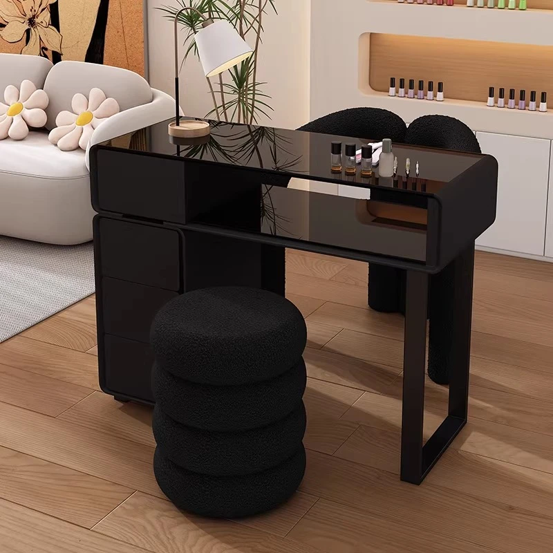 

Minimalist Cream Color Solid Wood Nail Desk with Glass Surface Single Double Manicure Table Anti Stain