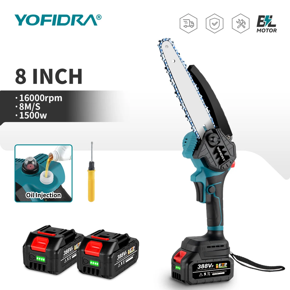 YOFIDRA 8 Inch Brushless Electric Saw 1500W Automatic Oiler Cutting Logging Chainsaw Garden Power Tool For Makita 18V Battery