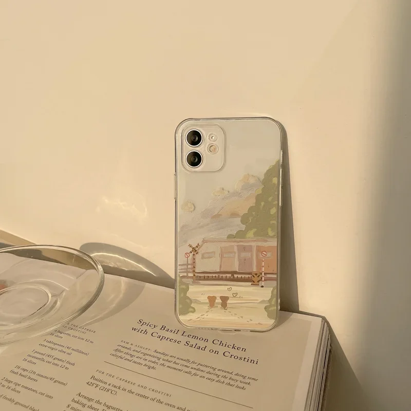 Retro sweet train station painting Japanese Phone Case For iPhone 16 15 14 13 11 12 Pro Max Xr Xs Max 15 14 Plus case Cute Cover