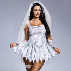 Women Sexy Ghost Bride Lingerie Costumes Mini Dress Halloween Hen Party Bride Babydoll Outfit Exotic Sex Fantasia Fancy Dress