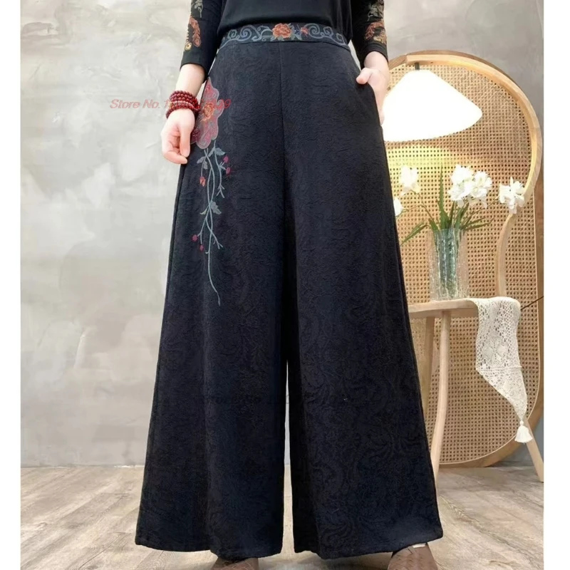 2025 chinese vintage pants retro cotton linen jacquard folk trousers national flower embroidery elastic waist wide leg trousers