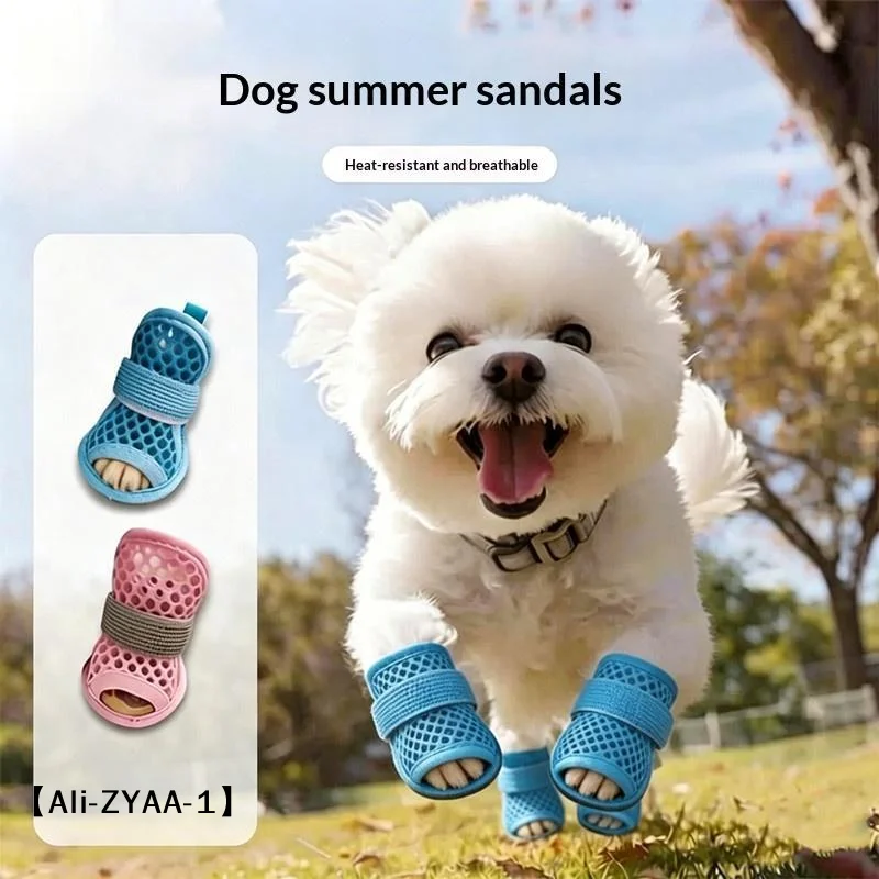 【A】4-teiliges Set: 4 Stück niedliche Netz-Hundeschuhe für den Sommer, rutschfeste, kühlende Hundestiefel mit reflektierendem Riemen, atmungsaktive Welpenschuhe für Haustiere