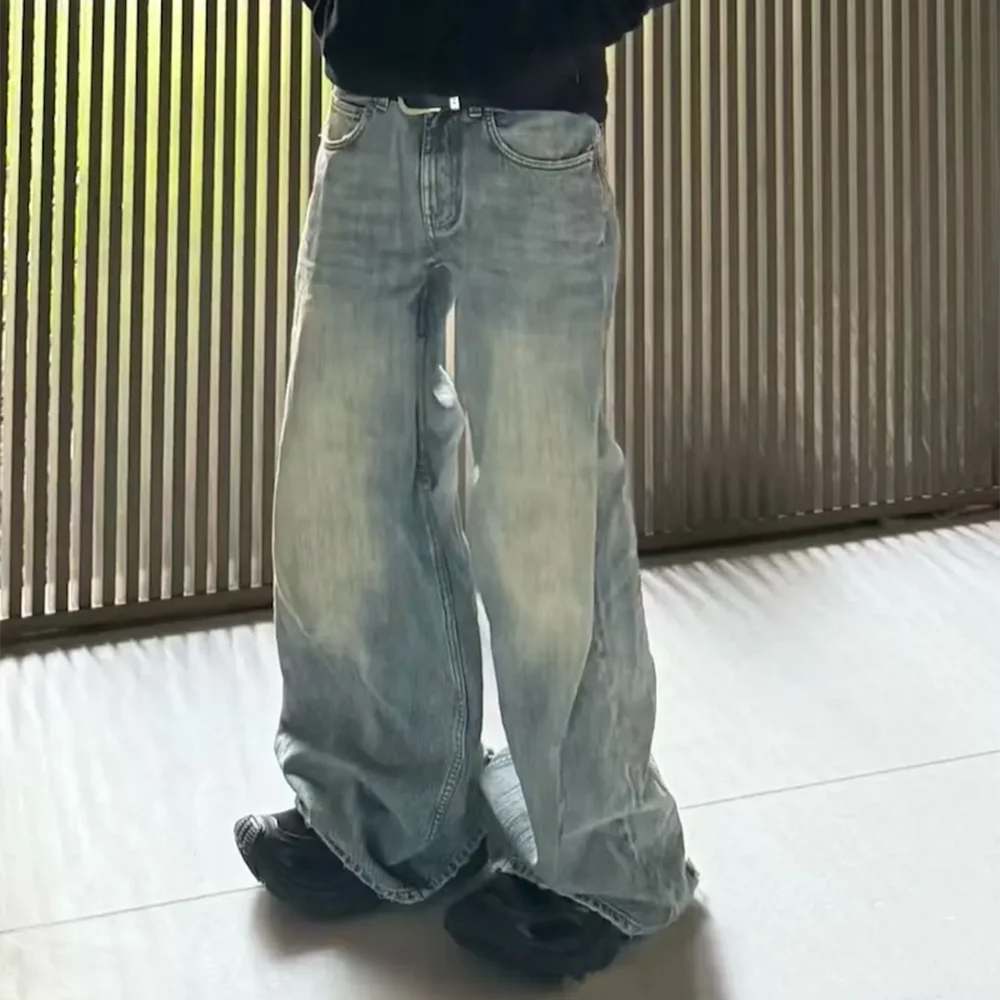 

Streetwear Ruffled Design Washed Blue Micro Flared Denim Pants Solid Color Wide Leg Baggy Jeans Oversized Loose Casual Cargos