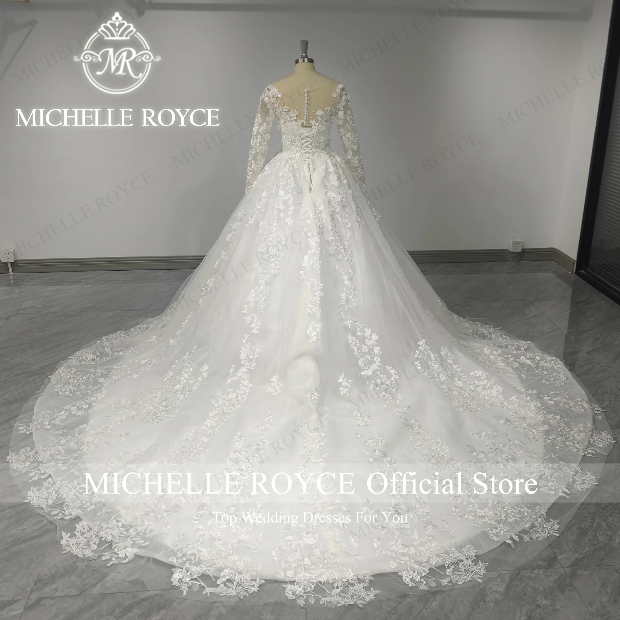 Michelle Royce-Robe de Mariée à Manches sulfen Dentelle, Tenue Éducative, Sexy, Dos aux, avec Perles et Fleurs