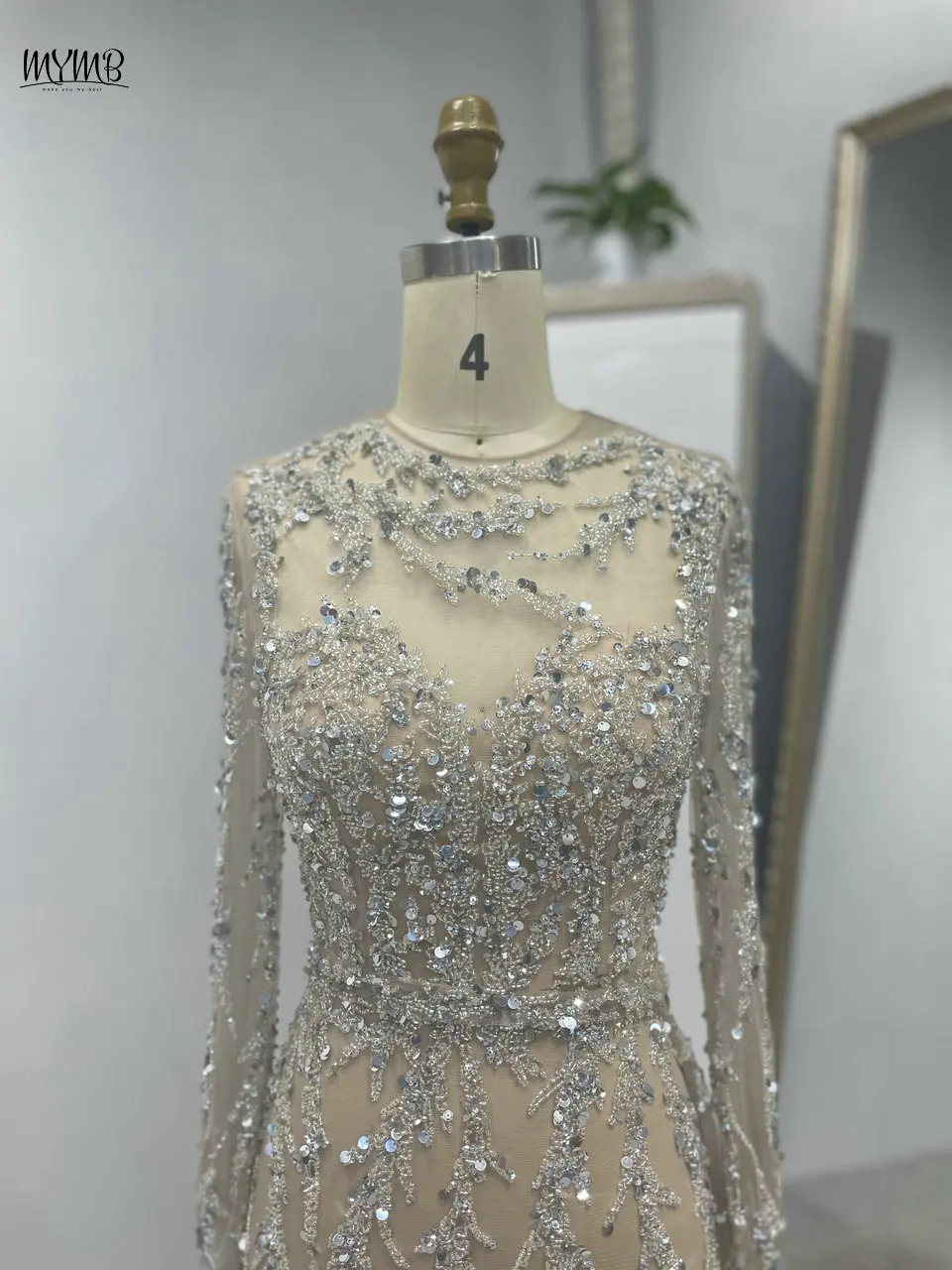 MYMB Champagne Elegant Scoop Neck Mermaid Formal Occasion Dresses Muslim Stunning Beaded Long Sleeve Tulle Evening Gown DDS067-2