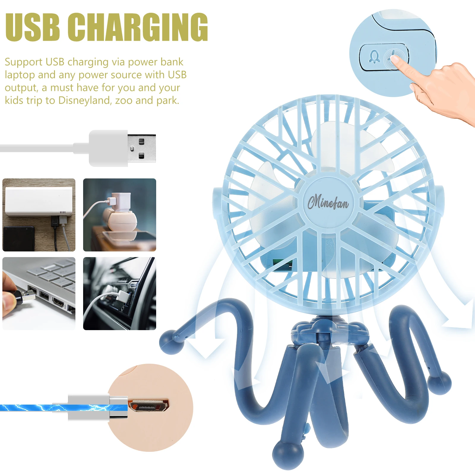 

Mini Clip Fan ABS Flexible Tripod Stroller Baby Portable Rechargeable USB Cooling Adjustable Direction Powerful Speeds