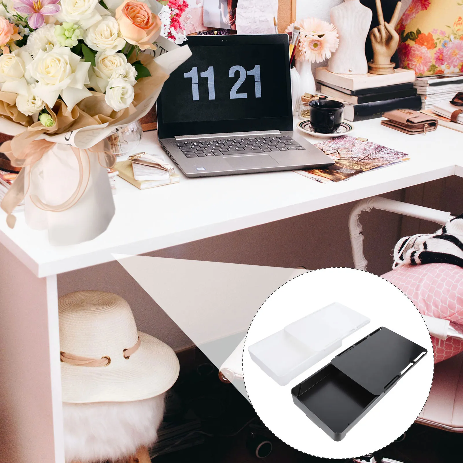2Pcs Adhesive Under Desk Drawer Storage Box Hidden Stationery Organizer Large Capacity Invisible Finishing Box for Office Home
