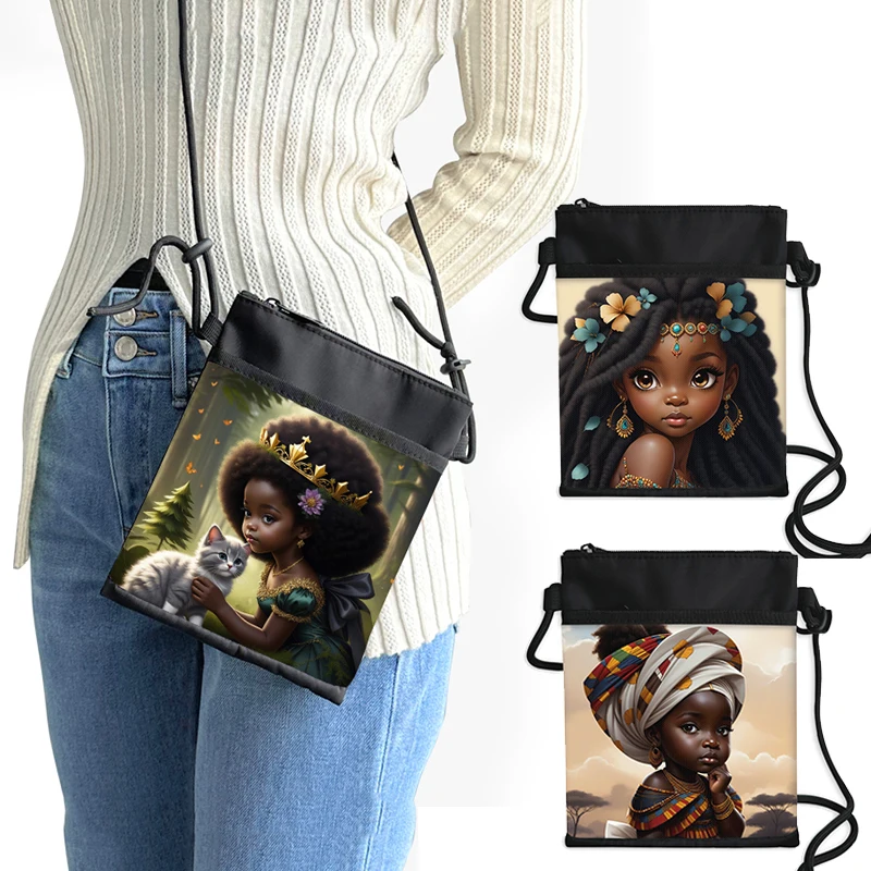 Cute Afro Princess with Cat Dog Messenger Bag African Girls Shoulder Bags Women Clutch Bag Credit Card Phone Holder Handbag