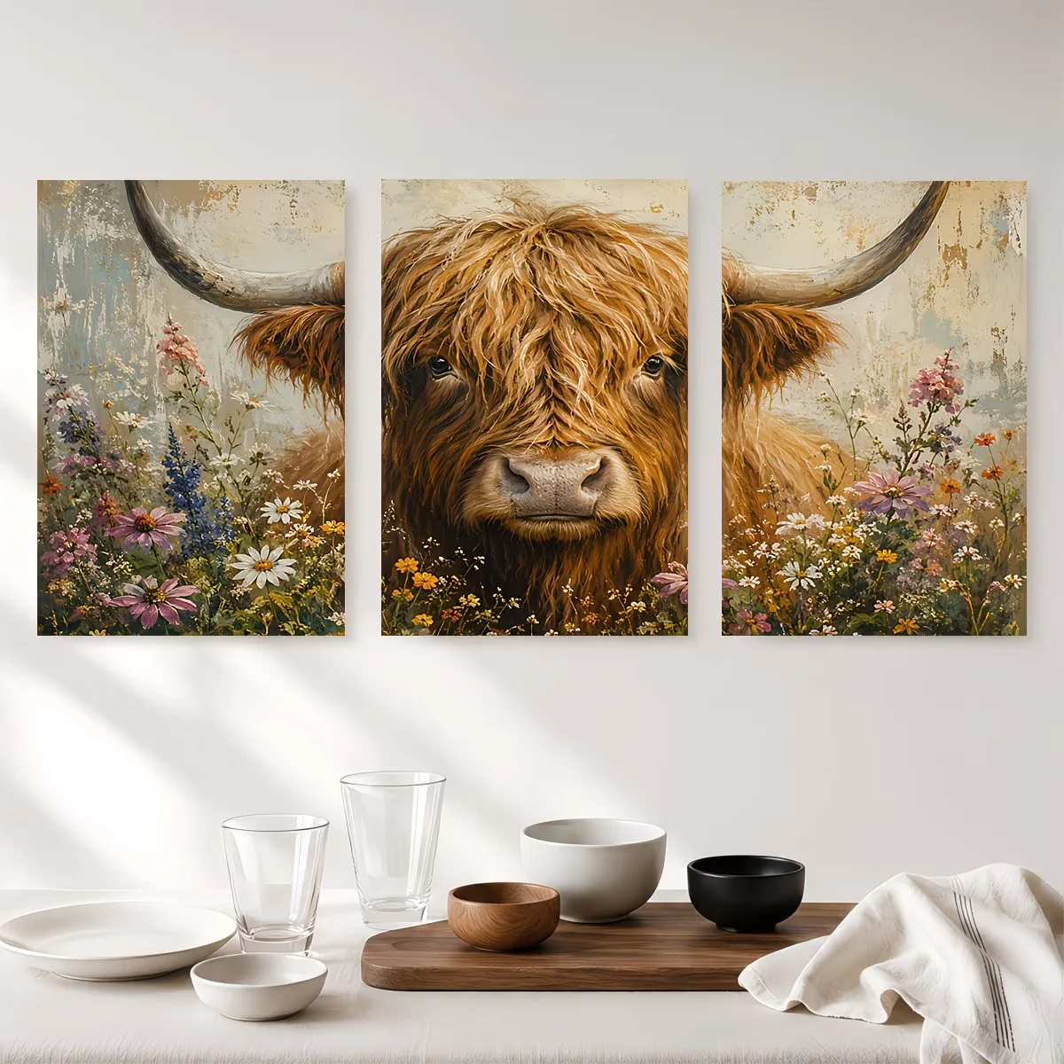 3Pcs DIY Diamond Painting Highland Cattle Flowers Landscape Mosaic Cross Stitch Full Diamond Embroidery Handmade Large Size