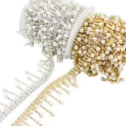 1yard Pearl Tassel Crystal Metal Trim Bridal Wedding Dress DIY Decoration Welding Rhinestone Fringe Sew on Clothing Shoes Bag