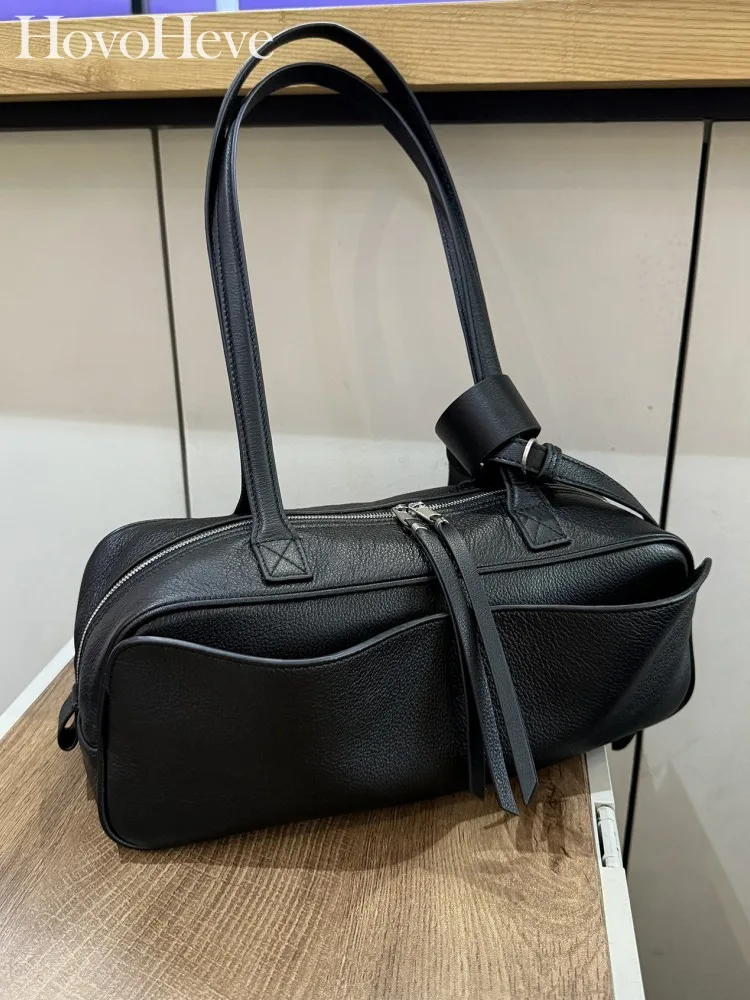 Office Ladies Genuine Leather Zipper Casual Bag Handbag Front Pocket Without Hidden Buttons Women Single Shoulder Underarm Bag