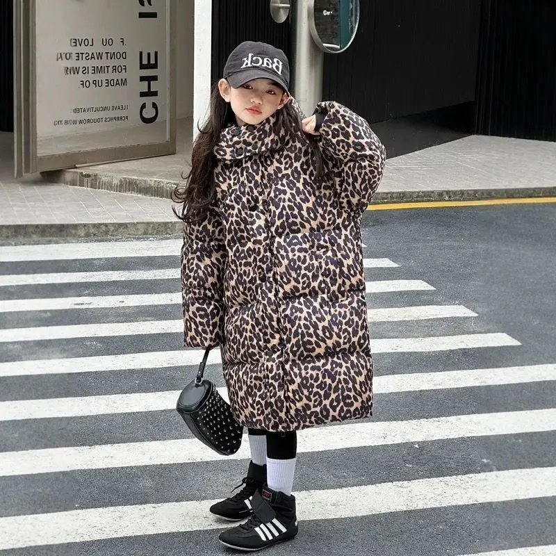 الفتيات سترة شتوية 2025 جديد الاطفال ليوبارد طباعة مقنعين سميكة الدفء معطف مبطّن بالقطن أنيق خارج الموسم بيع #5