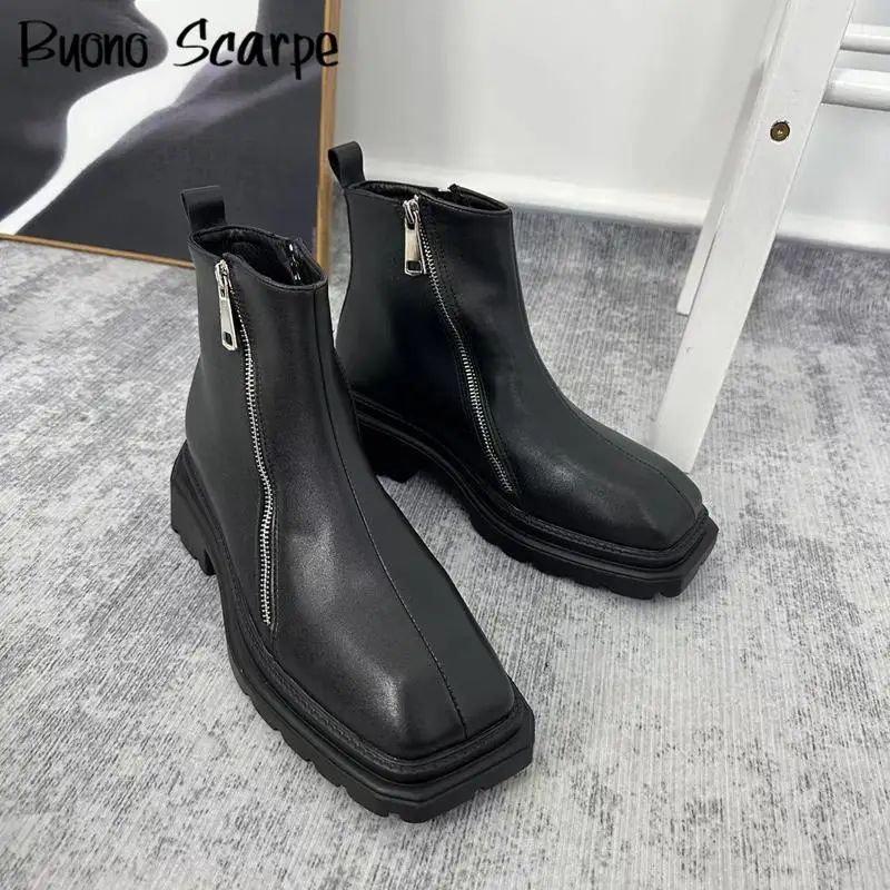 Uomo Casual doppia Zip donna stivaletti tacco grosso piattaforma punta quadrata tutto abbinato scarpe in pelle stivali firmati femminili di grandi