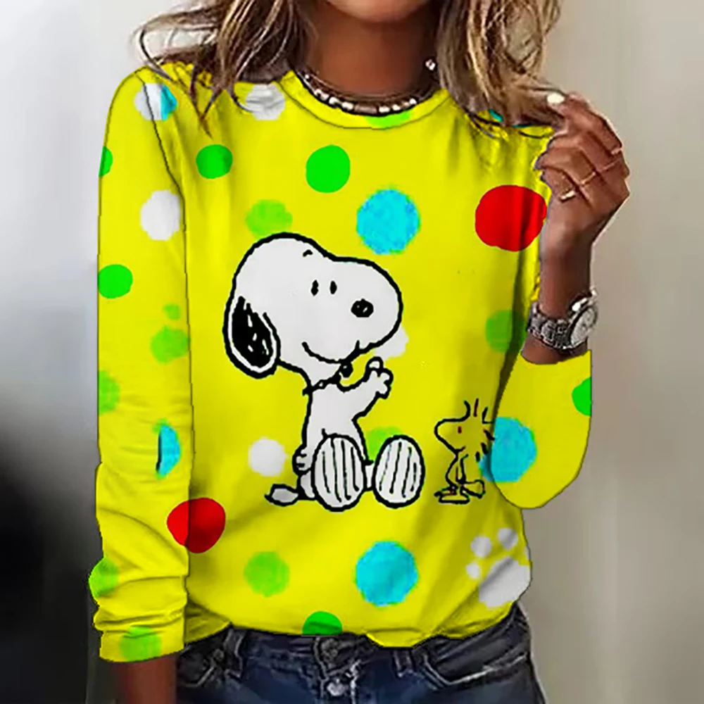 Women\'s autumn round neck Snoopy print slim fit long sleeved casual T-shirt women\'s street fashion outfit 2024 trend