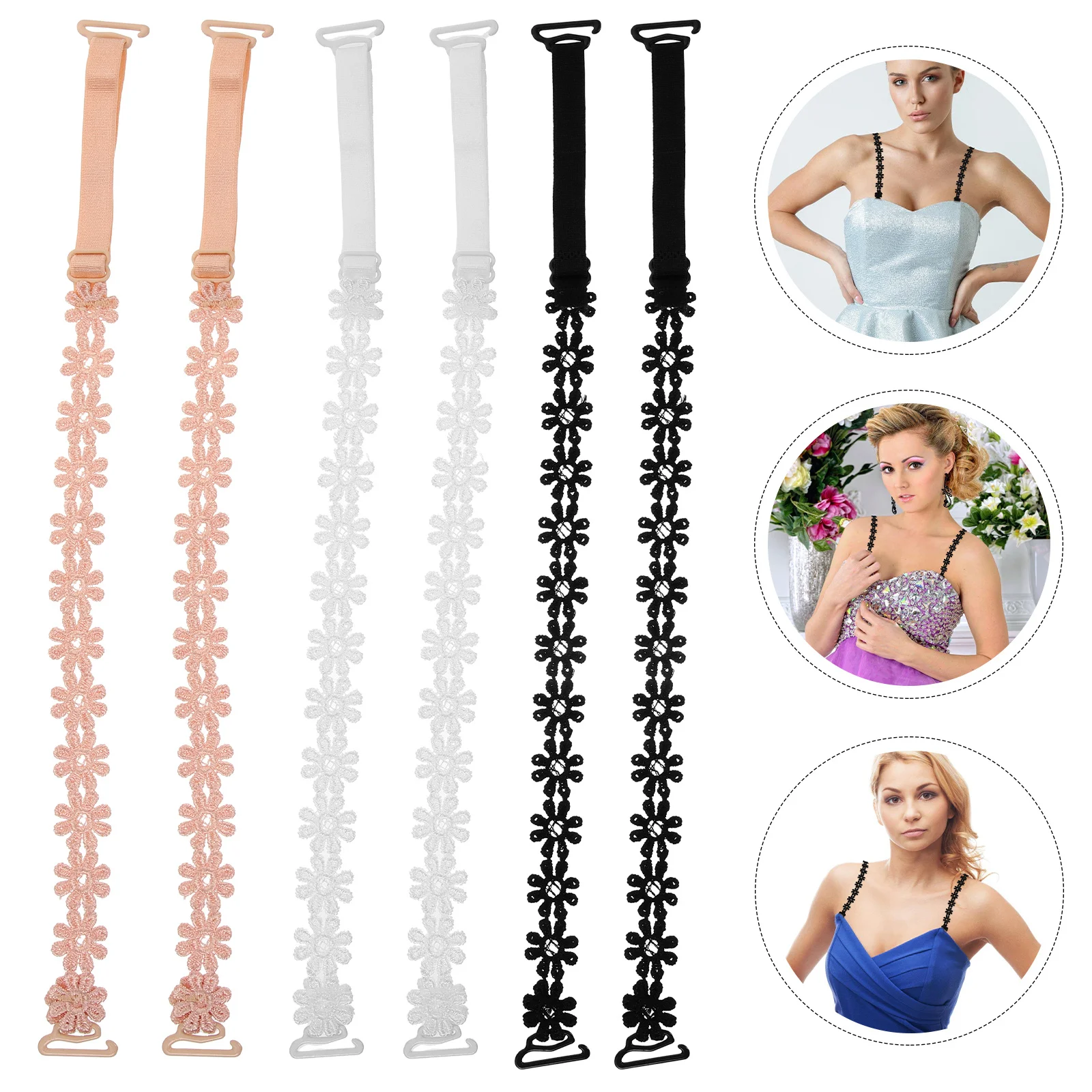 

3Pairs Lace Flower Decorative Bra Straps Adjustable Replacement Underwear Shoulder Straps for Women Party Wedding Beach