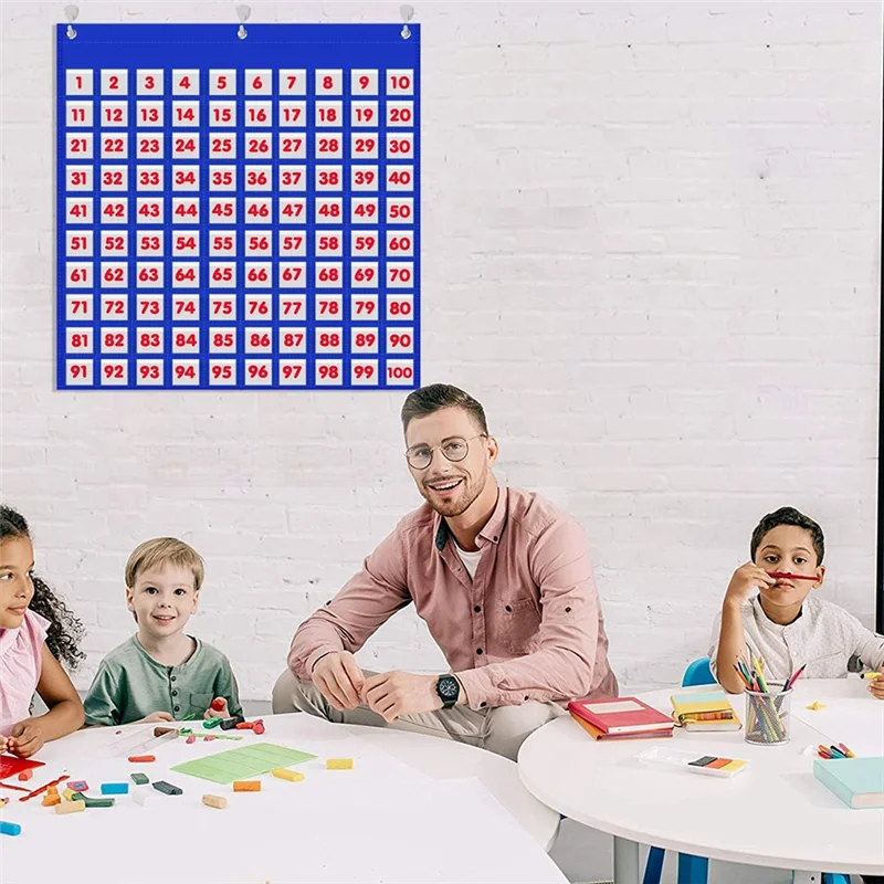 AT82-For Use At Home& For Teacher Lessons Number 1-100 Board Hundreds Pocket Chart, A Classroom Learning Tool
