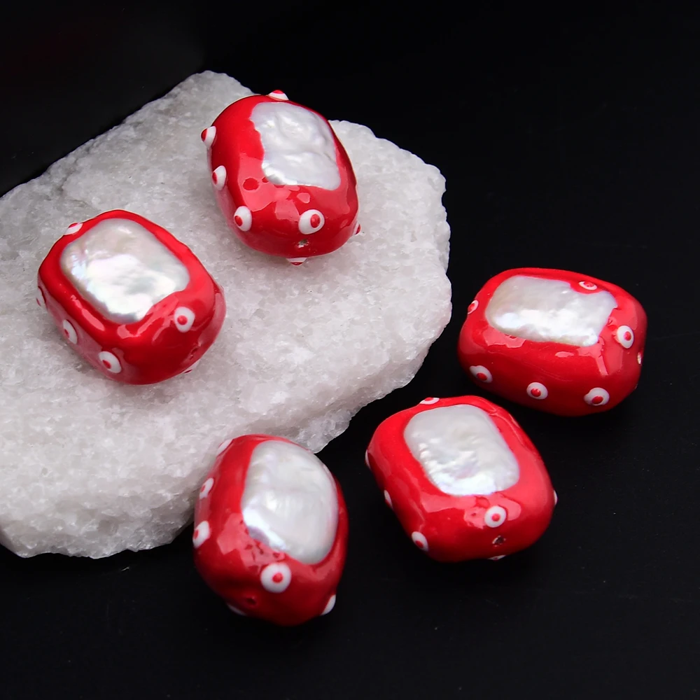 APDGG 5 Pcs Natural White Keshi Pearl Rectangle Shaped Red Enamel Glaze craftsmanship Edge Loose Beads Jewelry DIY