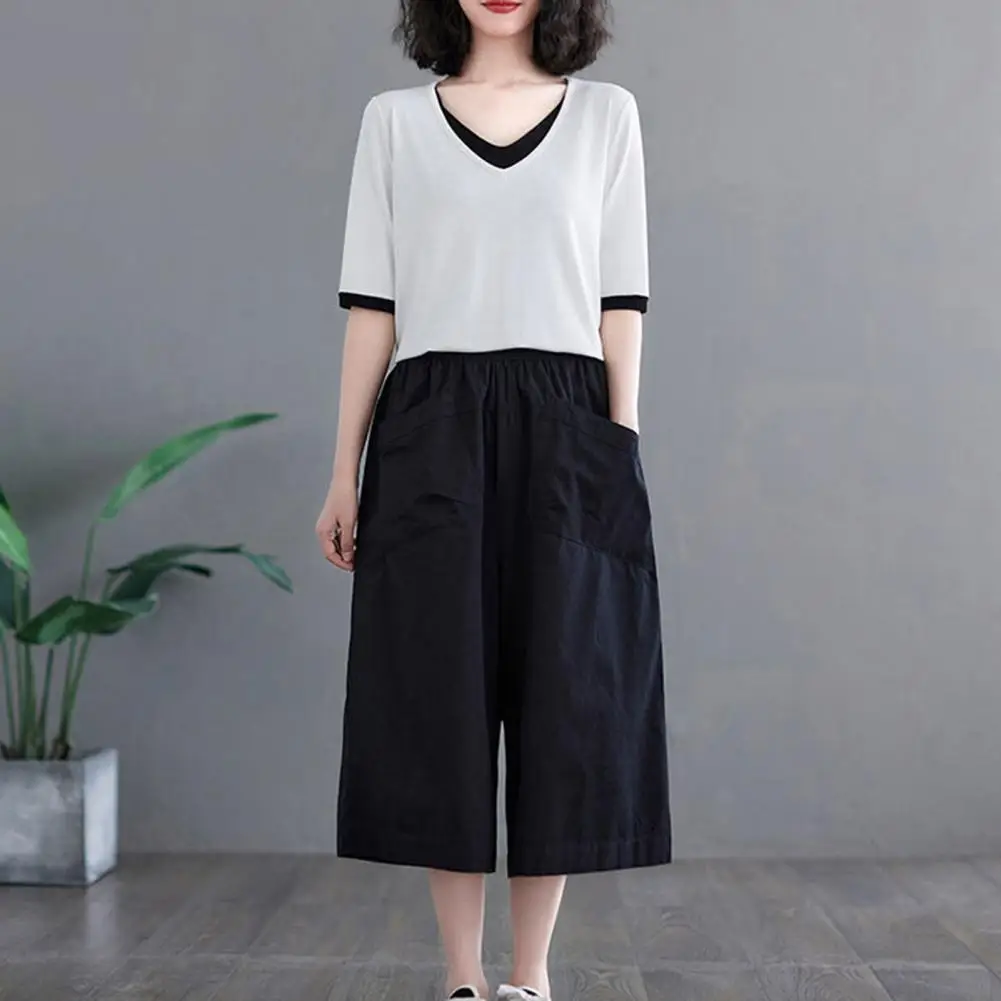 Cropped Wide Leg Pants Stylish Wide Leg Cropped Pants with Pockets for Women Elastic Waist Work Pants Solid Color Loose Fit