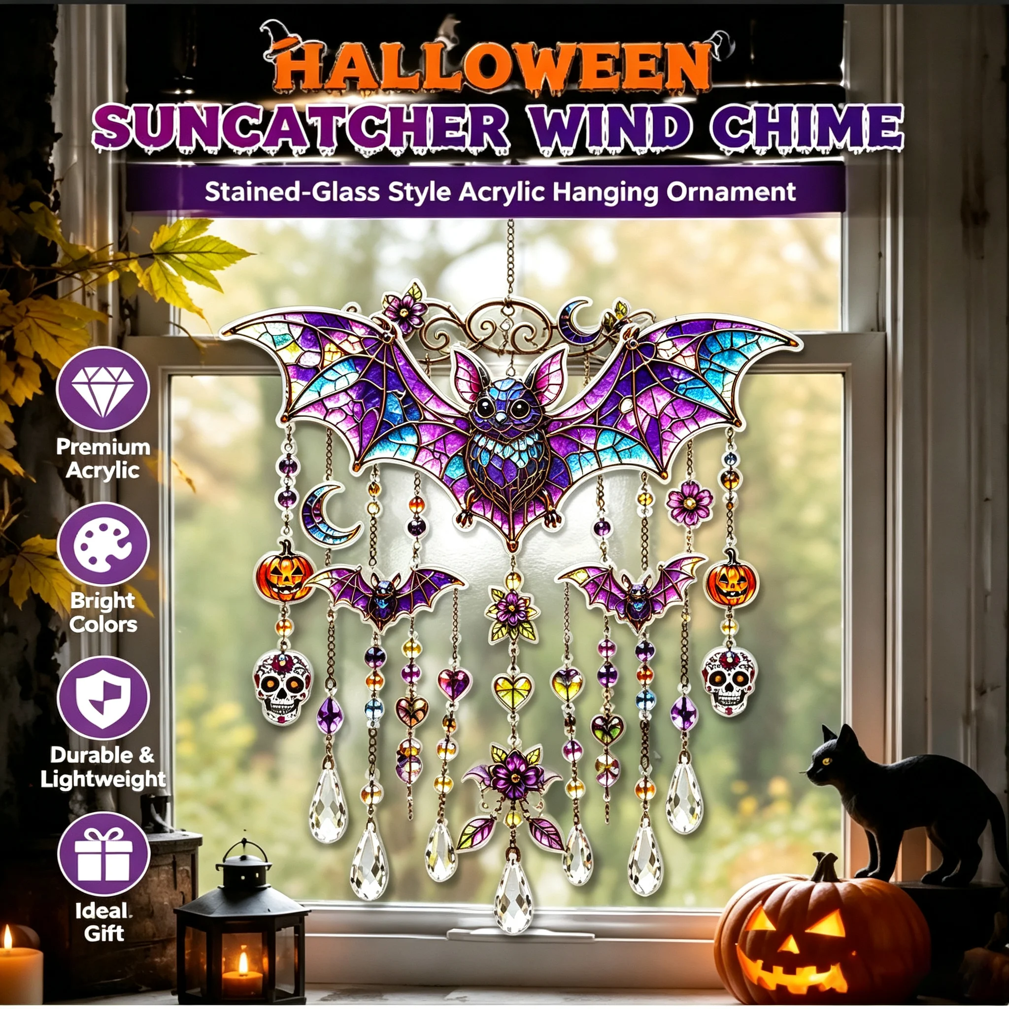 Halloween Decor Suncatcher Wind Chime Acrylic Stained Style Hanging Pendant with for Window Porch Party Holiday Home Wall Decor